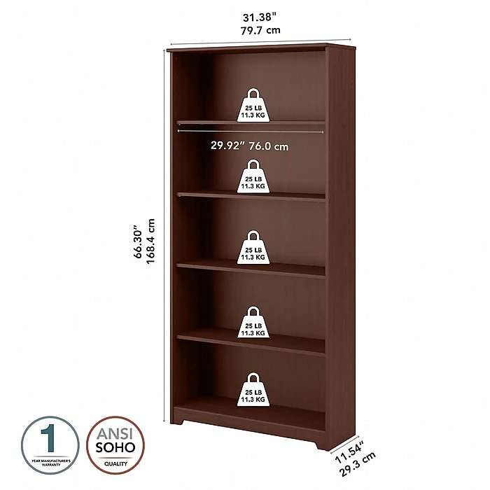 Bush Furniture Cabot 5 Shelf 66"H Bookcase, Harvest Cherry (WC31466-03) - Image 4