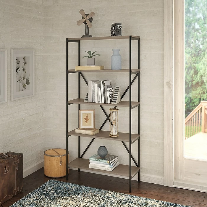 Kathy Ireland® Home By Bush Furniture Ironworks 5-Shelf 66"H Etagere Bookcase, Restored Gray (KI50308-03) - Image 2