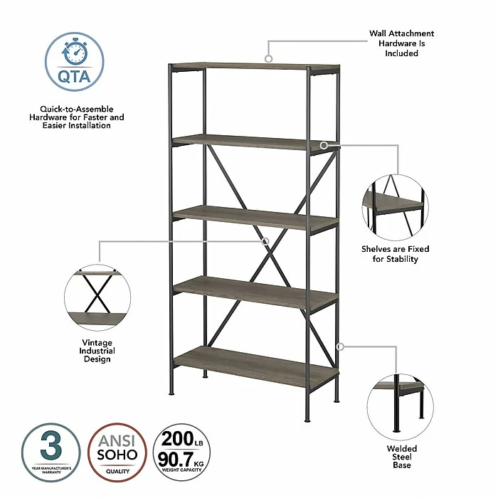 Kathy Ireland® Home By Bush Furniture Ironworks 5-Shelf 66"H Etagere Bookcase, Restored Gray (KI50308-03) - Image 3