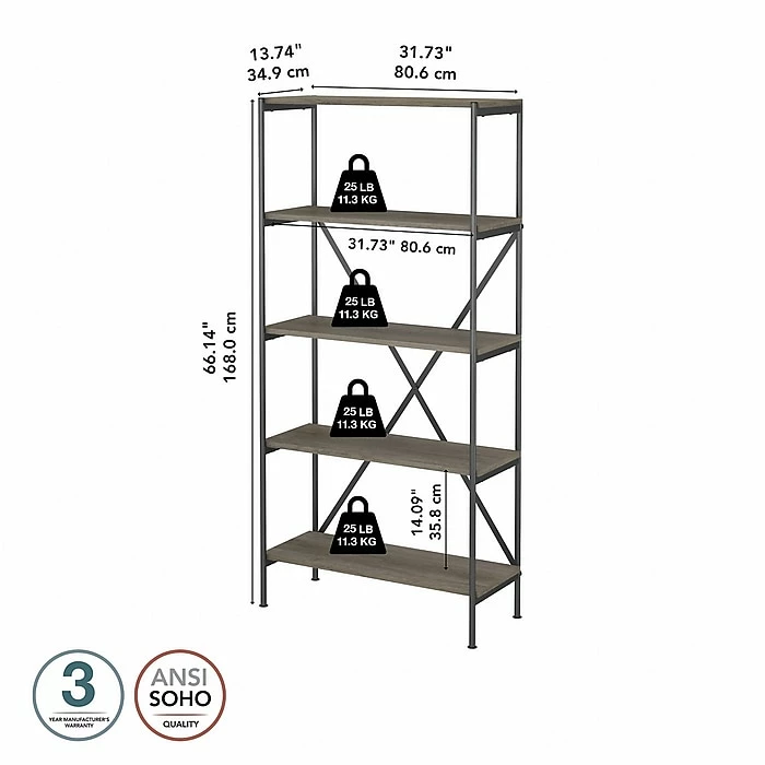 Kathy Ireland® Home By Bush Furniture Ironworks 5-Shelf 66"H Etagere Bookcase, Restored Gray (KI50308-03) - Image 4