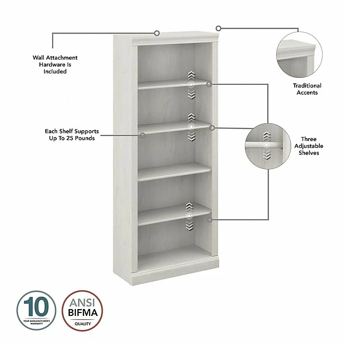 Bush Furniture Saratoga 5-Shelf 72"H Bookcase Set, Linen White Oak (SAR008LW) - Image 3