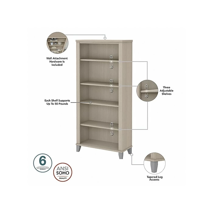 Bush Furniture Somerset 5-Shelf 65"H Bookcase, Sand Oak (WC81165) - Image 3