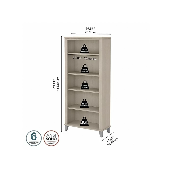 Bush Furniture Somerset 5-Shelf 65"H Bookcase, Sand Oak (WC81165) - Image 5