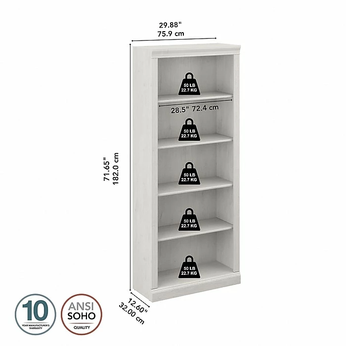 Bush Furniture Saratoga 5-Shelf 72"H Bookcase, Linen White Oak (W1645C-03) - Image 4