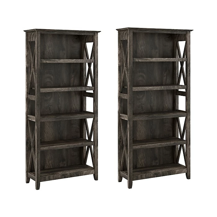 Bush Furniture Key West 5-Shelf 66"H Bookcase, Dark Gray Hickory, 2/Set (KWS046GH)