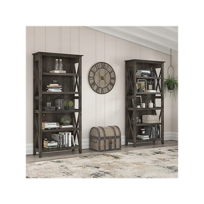 Bush Furniture Key West 5-Shelf 66"H Bookcase, Dark Gray Hickory, 2/Set (KWS046GH) - Image 2