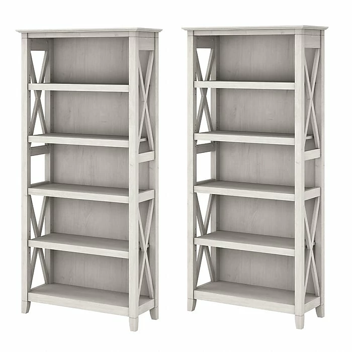 Bush Furniture Key West 5-Shelf 66"H Bookcase Set, Linen White Oak (KWS046LW)