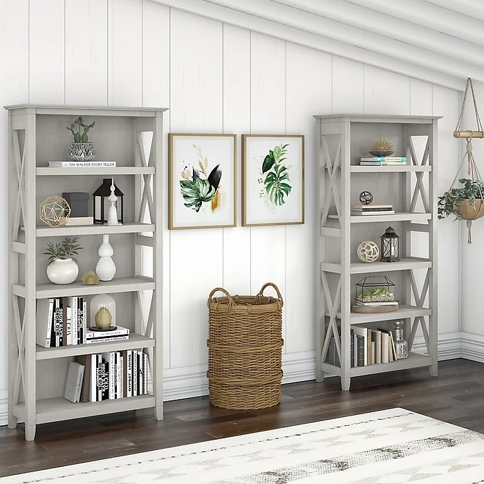 Bush Furniture Key West 5-Shelf 66"H Bookcase Set, Linen White Oak (KWS046LW) - Image 2