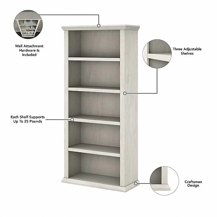 Bush Furniture Yorktown 5-Shelf 67"H Bookcase, Linen White Oak (WC40466-03) - Image 3