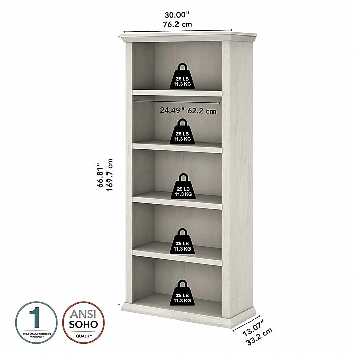 Bush Furniture Yorktown 5-Shelf 67"H Bookcase, Linen White Oak (WC40466-03) - Image 5