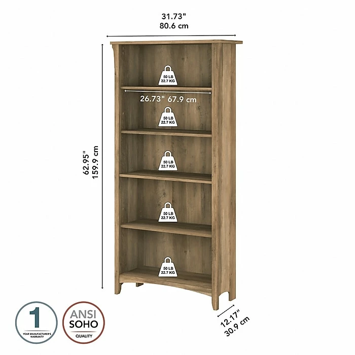 Bush Furniture Salinas 5-Shelf 63"H Bookcase, Reclaimed Pine (SAB132RCP-03) - Image 4