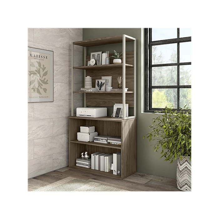 Bush Business Furniture Hybrid 4-Shelf 71"H Tall Etagere Bookcase, Modern Hickory (HYB023MH) - Image 2