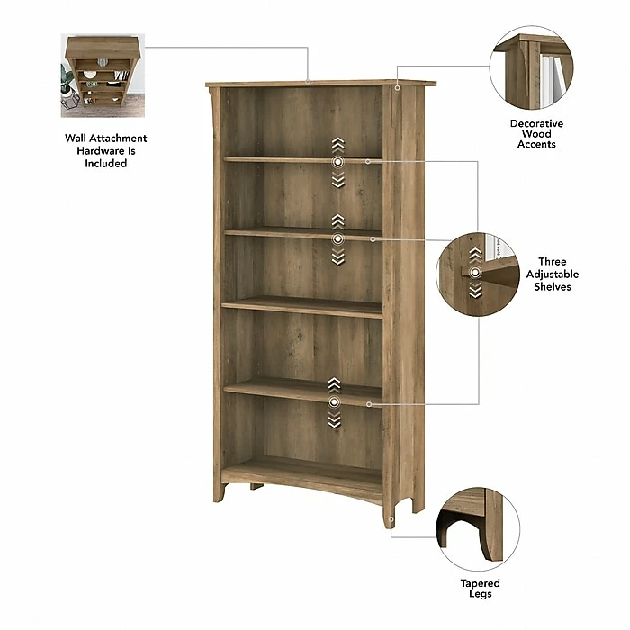 Bush Furniture Salinas 5-Shelf 63"H Tall Bookcase, Reclaimed Pine, 2/Set (SAL036RCP) - Image 3