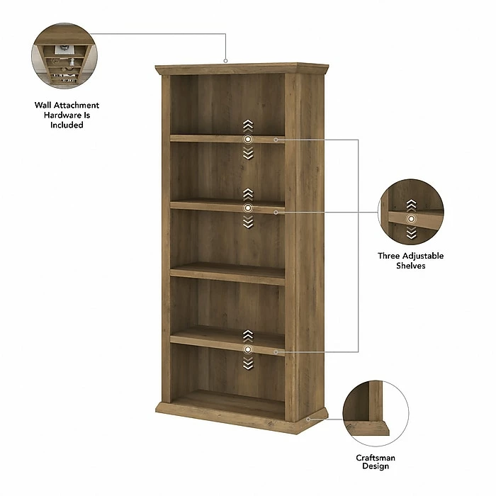 Bush Furniture Yorktown 5-Shelf 67"H Bookcase Set, Reclaimed Pine (YRK012RCP) - Image 3