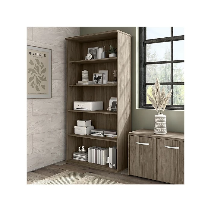 Bush Business Furniture Hybrid 5-Shelf 73"H Tall Bookcase, Modern Hickory (HYB136MH-Z) - Image 2