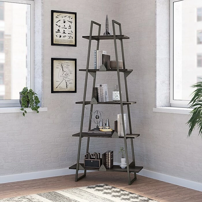 Bush Furniture Refinery 5-Shelf 72"H A-Frame Etagere Bookcase, Dark Gray Hickory (RFB132GH-03) - Image 2