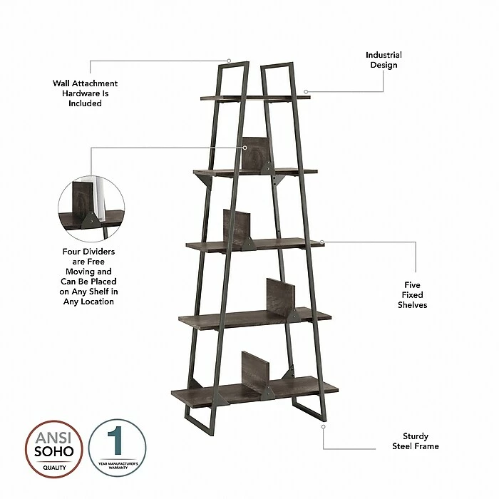Bush Furniture Refinery 5-Shelf 72"H A-Frame Etagere Bookcase, Dark Gray Hickory (RFB132GH-03) - Image 3