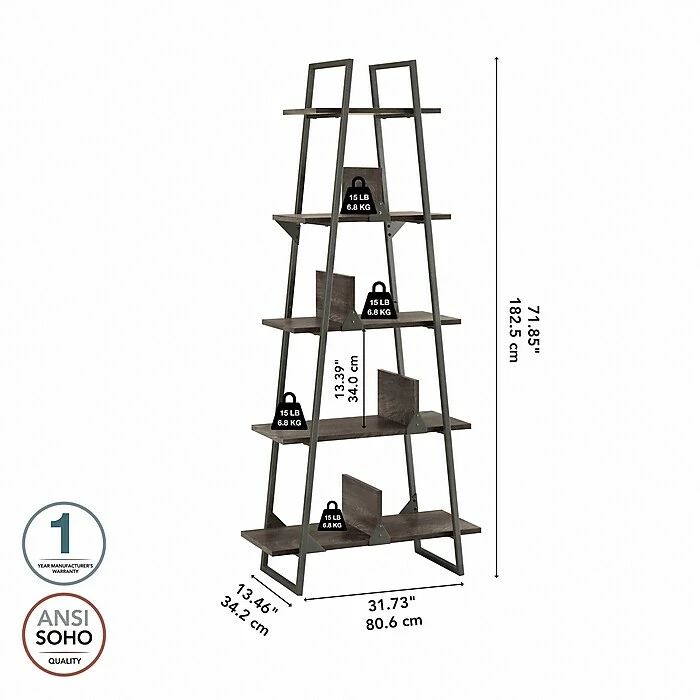 Bush Furniture Refinery 5-Shelf 72"H A-Frame Etagere Bookcase, Dark Gray Hickory (RFB132GH-03) - Image 4