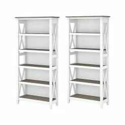 Bush Furniture Key West 5-Shelf 66"H Bookcase Set, Shiplap Gray/Pure White (KWS046G2W)