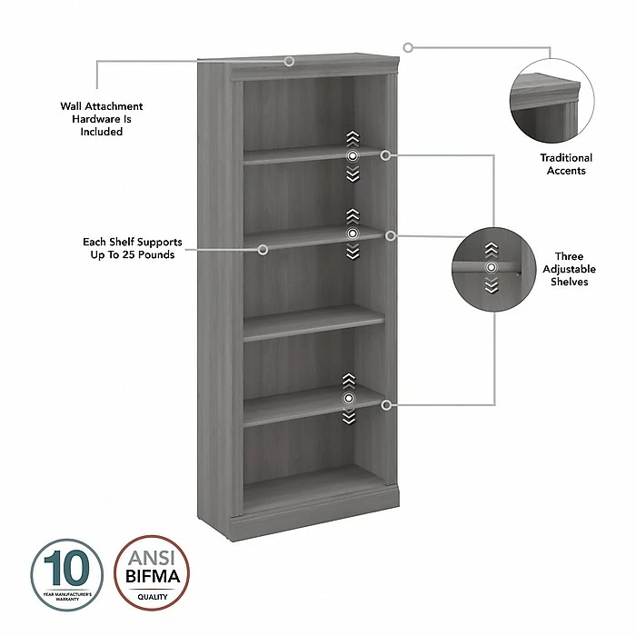 Bush Furniture Saratoga 5-Shelf 72"H Bookcase, Modern Gray (W1655C-03) - Image 3