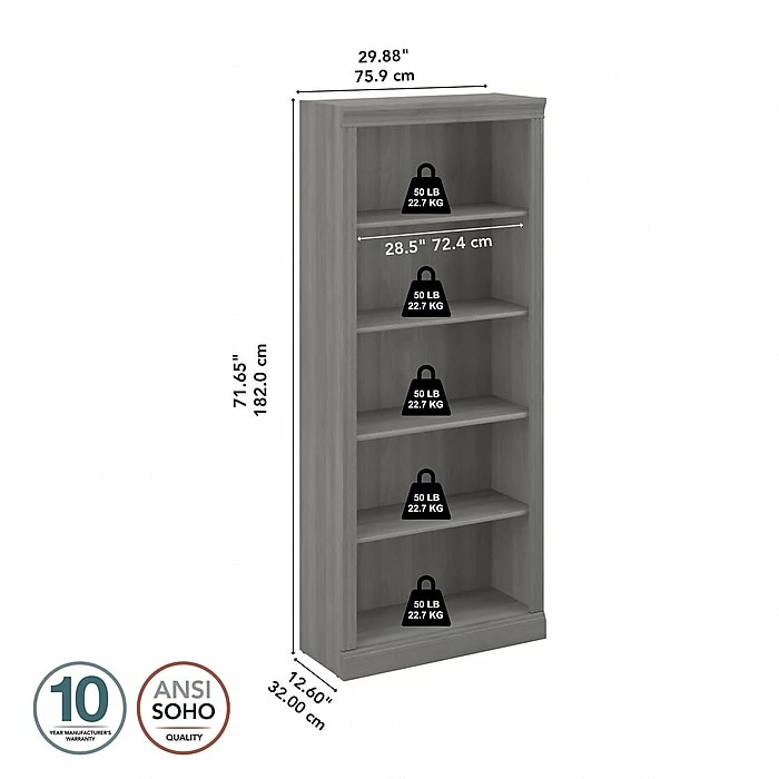 Bush Furniture Saratoga 5-Shelf 72"H Bookcase, Modern Gray (W1655C-03) - Image 4