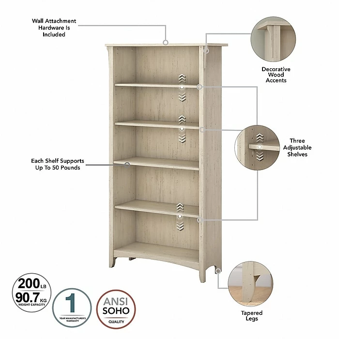 Bush Furniture Salinas 5 Shelf Bookcase, Antique White (SAB132AW-03) - Image 4