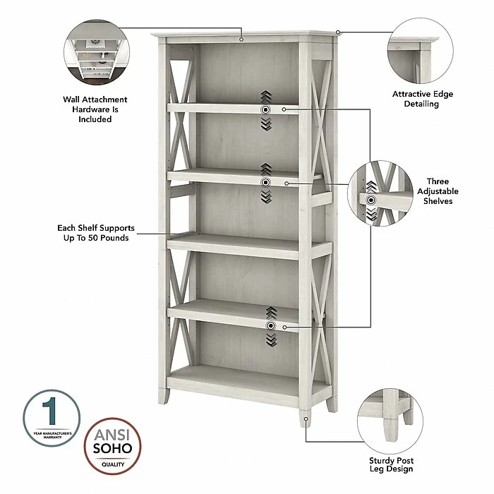Bush Furniture Key West 5-Shelf 66"H Bookcase, Linen White Oak (KWB132LW-03) - Image 3