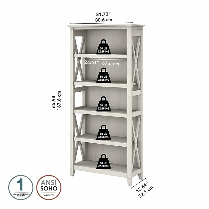Bush Furniture Key West 5-Shelf 66"H Bookcase, Linen White Oak (KWB132LW-03) - Image 4