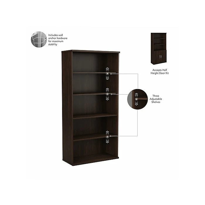 Bush Business Furniture Hybrid 5-Shelf 73"H Tall Bookcase With Doors, Black Walnut (HYB024BW) - Image 3