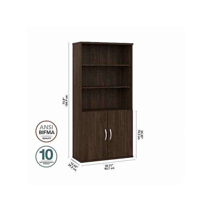 Bush Business Furniture Hybrid 5-Shelf 73"H Tall Bookcase With Doors, Black Walnut (HYB024BW) - Image 5